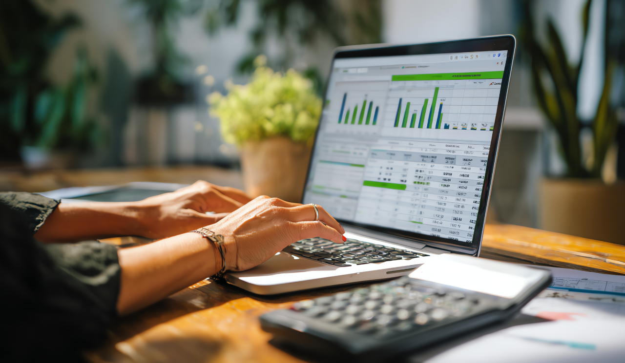 Profissional analisando dados financeiros em laptop com gráficos e indicadores de gestão